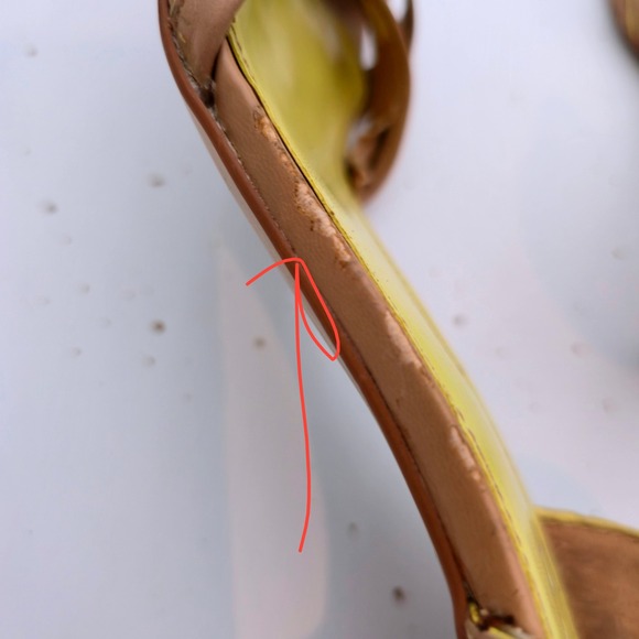 Michelle D Women Size 8 wooden Heels Sandals Strappy Tan yellow Leather peep toe - Picture 16 of 16